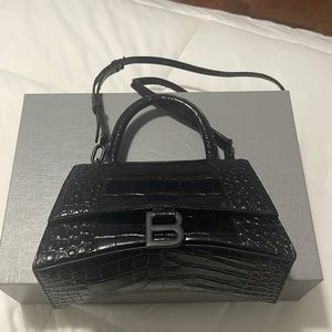 Balenciaga Hourglass small handbag in black shiny crocodile embossed calfskin.